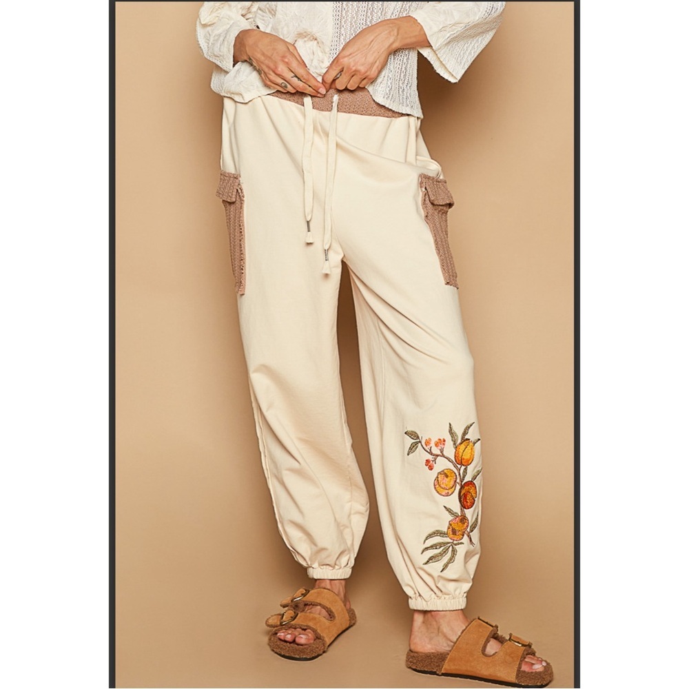 POL Cream Floral Embroidered Joggers